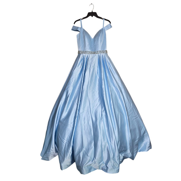 Sherri Hill Ball Gown Prom Dress Size 8 Off Shoulder Blue Satin Pageant Corset
